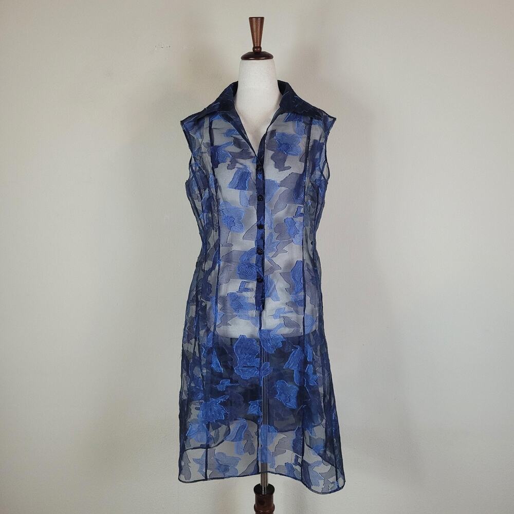 Kay Unger Dress 10 Blue Floral Sheer Button Front Overlay‎ Midi Collared Party